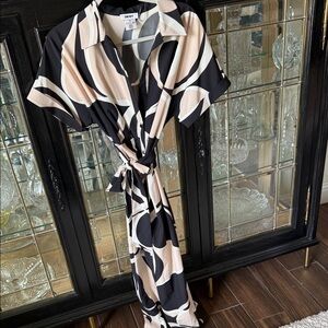 DKNY Black and Beige Abstract Print Tie-Waist Shirt Dress